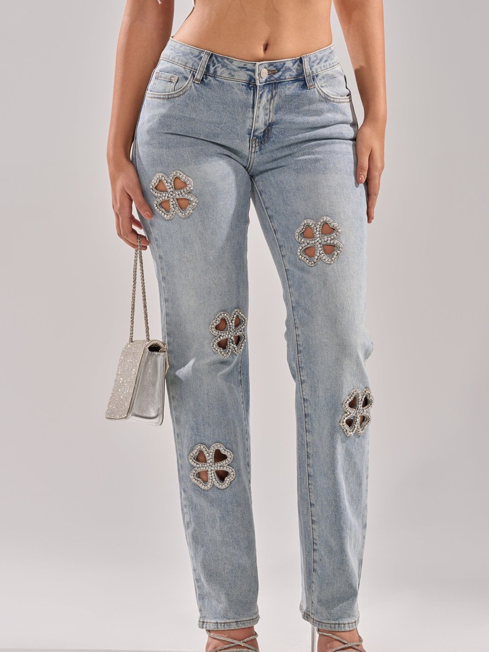 AKIRA Light Blue Straight Leg Jeans with Crystal Floral Cutouts